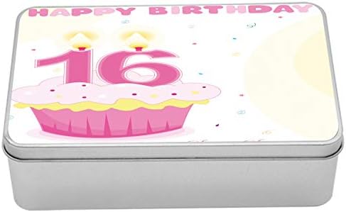 Метална Кутия Ambesonne на 16-ти рожден ден, Вкусна Торта със Свещ, Илюстрация Изненада в стил момичета, Многоцелеви