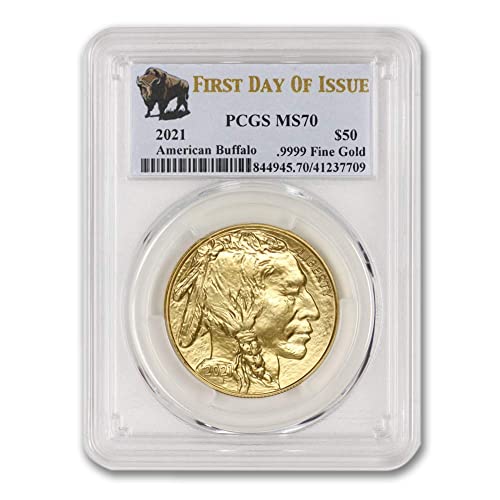Златна монета Buffalo MS-70 без мента 2021 година с тегло 1 унция MS-70 (Първия ден на издаване - Bison Label) 24-КАРАТОВО MS70 PCGS стойност от 50 щатски долара