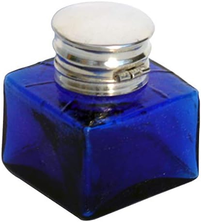 Старинна Сребърна Чернильница Colbalt Blue От Квадратен Стъкло