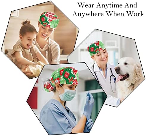 Медицински Шапки за жени с Бутоните за дълга Коса, Регулируема Работна Шапчица от 2 Части, Коледни Разноцветни Свирки
