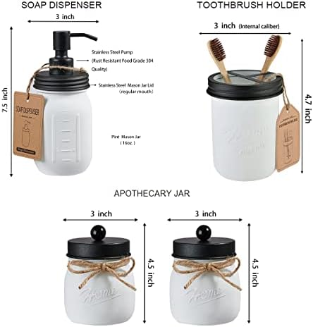 Комплект аксесоари за баня White Mason Jar (6 бр.) - Опаковка сапун за лосион, държач за четка за зъби, 2 Аптечные