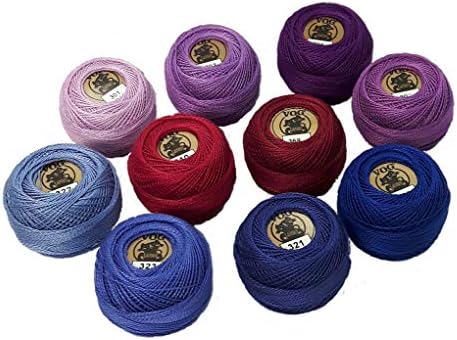 Конци за бродиране от памук Vog© Perle Размер на 8 - Набор от 10 глобули (10 грама) - Лилаво, Бордо и синьо