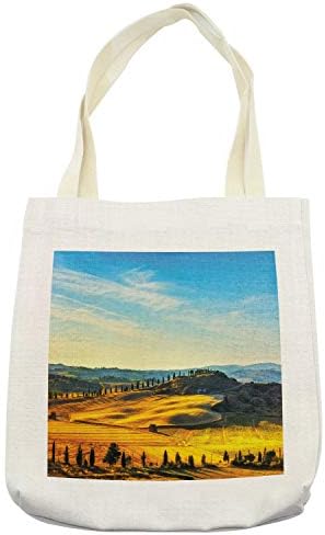Италианска чанта-тоут Ambesonne, Селски пейзаж на Италия с дървета, Поляни и небе, Средиземноморски Селска пейзаж,