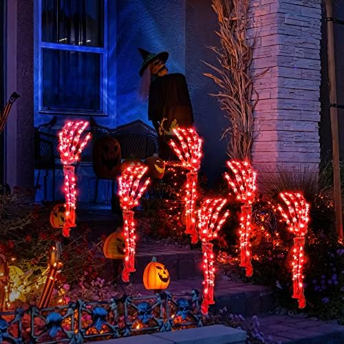 Хелоуин Скелет Ръце Осветява Външни Декорации, Осветени от Ръцете на Хелоуин с 60 червени led Светлини, Водоустойчив