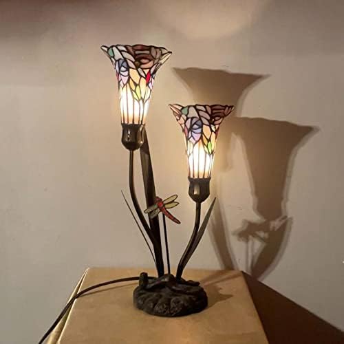 Настолна лампа Bieye L10620 с цветя, Лилии и Стрекозой в стил Тифани от Витражного стъкло, височина 19 см