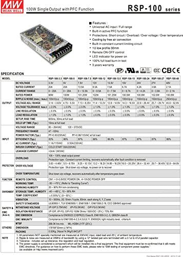 RSP-100-13,5 Източник на захранване ac/dc адаптер с един изход 13,5 7,5 И 101,25 W, 9-пинов