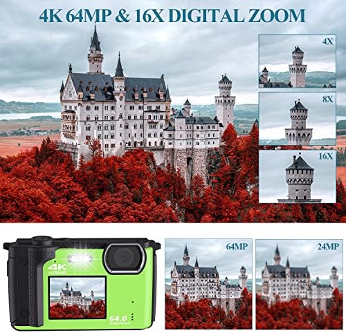 Цифров фотоапарат 4K 64MP, Помещение за видеоблогинга със светкавица, Два екрана за селфи, Компактен фотоапарат