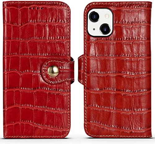Чанта-портфейл nincyee от естествена кожа за iPhone 14 Plus, Класически калъф-стойка от естествена кожа с изображение на Крокодил и Слот за карти
