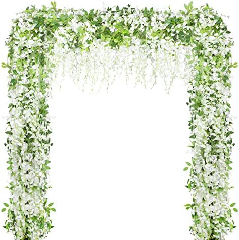 Изкуствени Цветя Бяла Глициния Венец Лоза Коприна Окачен Цвете за Домашна Градина Външна Церемония, Сватбена