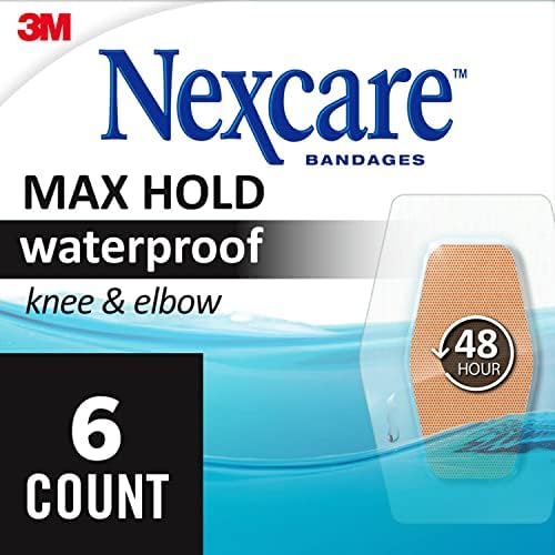 Водоустойчиви превръзки Nexcare Max Hold, Удобна нисък профил филм, Плътно Прилепнали към кожата на коляното и лакътя, 2,38 x 3.5 см, 6 Броя