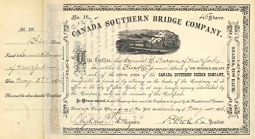 Canada Southern Bridge Co - Сертификат за строителство Мичиганской железопътна линия и мост, от 1870 година