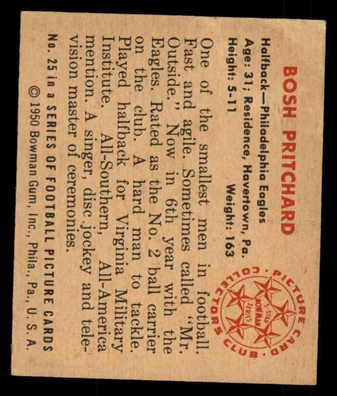 1950 Боуман # 25 Бош Причард на Филаделфия Ийгълс (Футболна карта) БИВШ Игълс Virginiana военен институт / Georgia Tech
