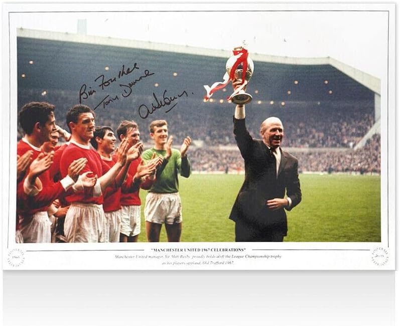 Снимка на Манчестър Юнайтед с множество надписи - Бил Фоулкс, Тони Дън и Алекс Степни - Футболни снимки с автографи