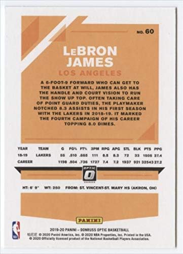 2019-20 Donruss Оптичен баскетбол 60 Леброн Джеймс Лос Анджелис Лейкърс Официалната Търговска картичка Панини
