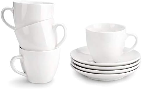 Порцеланови чаши за капучино MIWARE обем 7 мл с чинии - Комплект от 4-те, идеални за маркови кафе напитки, кафе