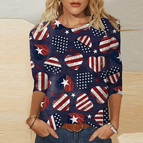 На 4 юли, Ризи за Жени с Флага на САЩ, Летни Тениски с кръгло деколте и 3/4 ръкав, Ръкав Три Четвърти, Празнична