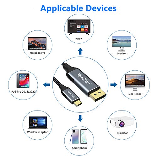 USB кабел C до DisplayPort 4K @ 60Hz 2K @ 144Hz (6 фута / 1,8 м), кабел YeeChanType C до DP UHD, съвместим с