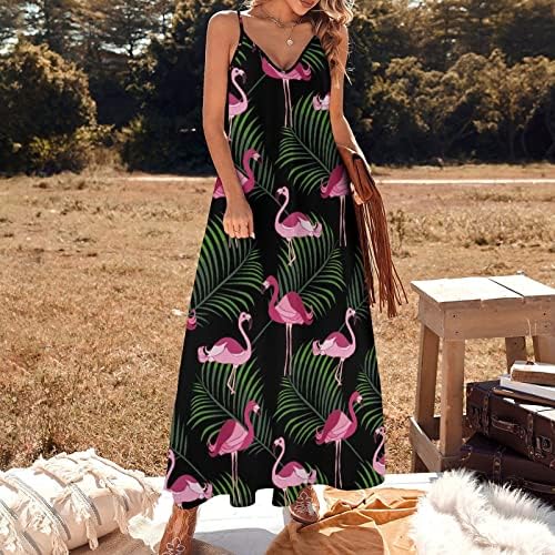 Жена Макси рокля с Розови Фламинго и Тропическа Флора с V-образно деколте, Лятна Плажна Рокля Midi Без Ръкави на спагети презрамки