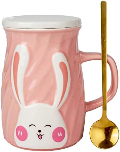 Керамични чаши YUWU Сладък Бъни Design с капак и лъжица от неръждаема стомана за деца розов цвят