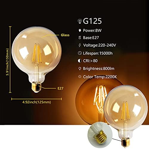 SYNL 8 Бр. Led крушка на Едисон G125 от тъмно стъкло, led лампа с нажежаема жичка с мощност 8 W, с Цокъл E27,