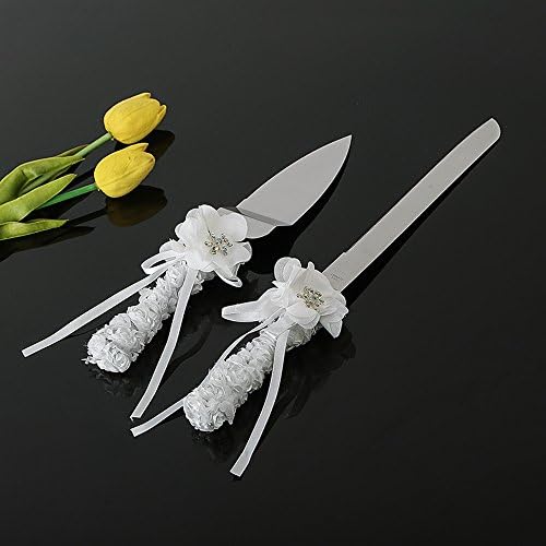 комплект Ножове за Сватбена Торта с бяла роза, набор от ножове за церемонията с бяла панделка и кристали Swarovski,