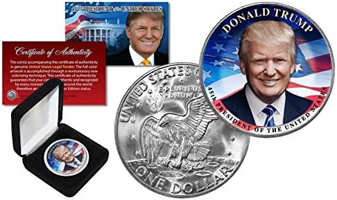 Президентът На Доналд Тръмп. Официалната Истинска Монета Десислава Айзенхауер стойност от 1 долар в кутия и