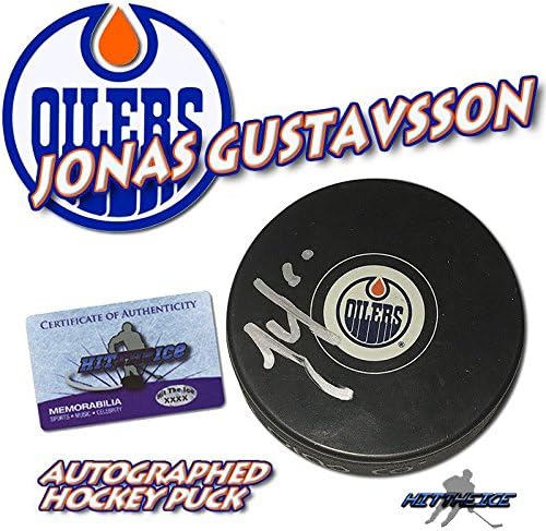 Йонас Густавсон подписа шайбата Едмънтън Ойлърс, Шайбата в /COA №2 - за Миене на автографи в НХЛ