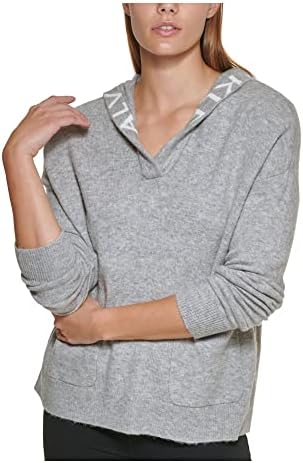 Жена Пуловер с качулка с логото на Calvin Klein с V-образно деколте и качулка