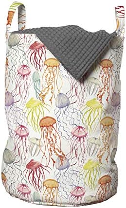Чанта за дрехи Ambesonne Аква Jellyfish, Подводни Повтарящи се Елементи на Однотонном фона, Кошница за дрехи с дръжки, закрывающаяся на шнур, за пране, 13 x 19, Многоцветен