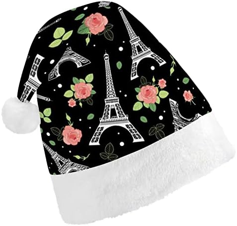 Айфеловата Кула, Париж и Рози, Коледна Шапка, Шапка на Дядо Коледа за Възрастни Унисекс, Комфортна Класическа