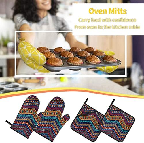 Комплекти Пълноцветен Етнически Орнаменти, Топлоустойчиви кухненски ръкавици за Фурна и кухненски ръкавици