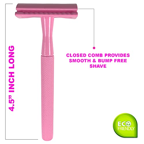 Сигурна бръснач Krisp Shave от неръждаема стомана (4,5 инча), с дълга дръжка от Розов цвят за жени - Самобръсначка