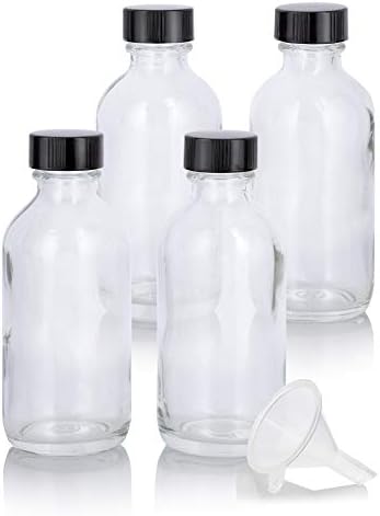 Кръгла бутилка JUVITUS от Прозрачно стъкло Boston обем 2 унции с Херметични Фенолна капак + Фуния (4)